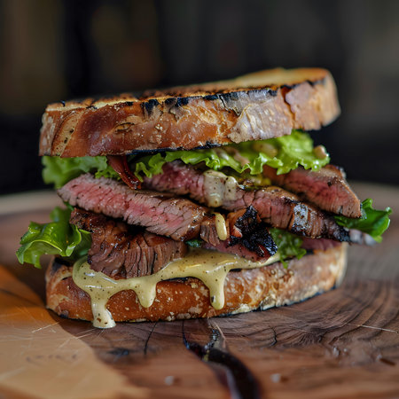 A close-up view of a steak sandwich with drizzled sauce on a wooden board.の写真素材