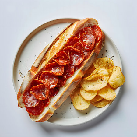 A close-up shot of a pepperoni and chips sandwich on a white plate, ready to eat.の写真素材
