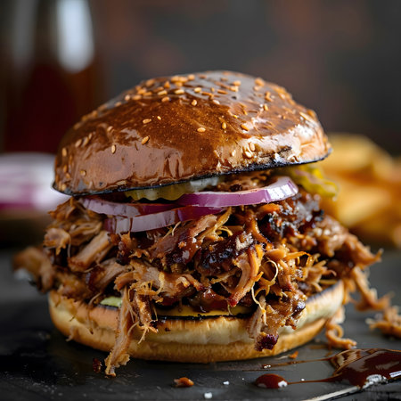 A close-up view of a mouthwatering pulled pork burger topped with thinly sliced red onions, tangy...