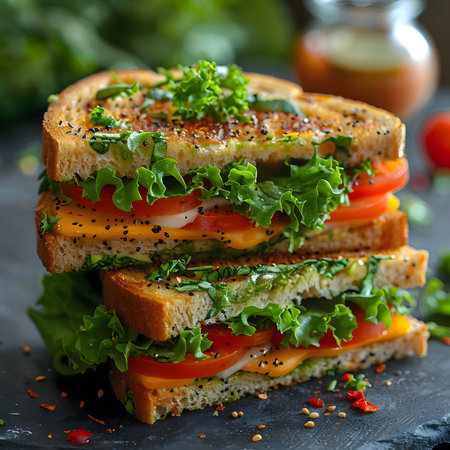 Close up of a delicious grilled cheese sandwich with fresh green lettuce, tomato, and cheese. The...