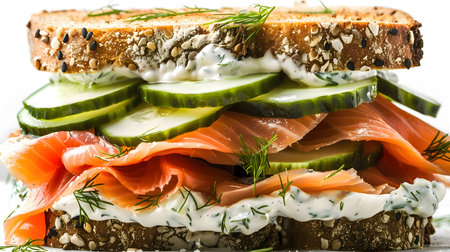 Close-up of a delicious smoked salmon sandwich with cucumber and dill. The sandwich is made on multigrain bread and has a creamy spread.の写真素材