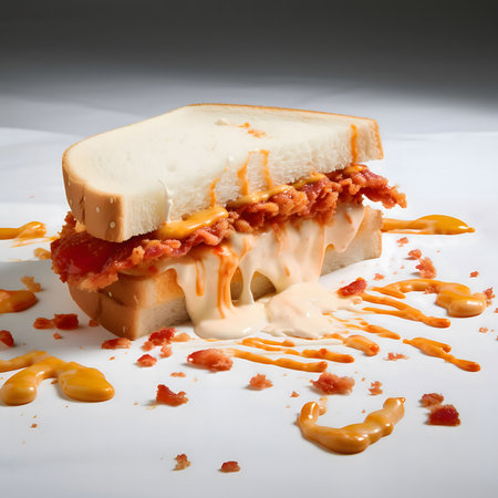 A close-up image of a melted cheese and bacon sandwich. It shows the chees dripping down the sidesの写真素材