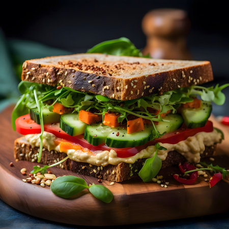 A close-up of a fresh and delicious veggie sandwich with cucumber, tomato, and hummus.の写真素材