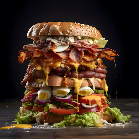 Close-up of a massive burger dripping with sauce, layered with bacon, eggs, cheese, lettuce, tomato, onion, and more. It's the ultimate fast food indulgence.の写真素材