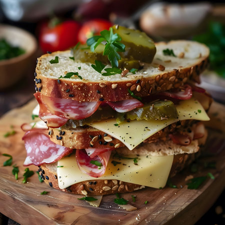 A mouthwatering salami sandwich layered with cheese, pickles, and fresh bread. The sandwich is beautifully presented on a wooden cutting board, capturing the essence of a delightful culinary experience.の写真素材