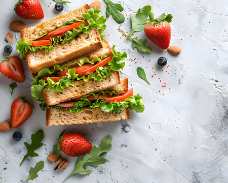 A close up of delicious sandwiches stacked with fresh tomato and lettuce, ready to enjoy with a side of fresh strawberries and blueberries.の写真素材