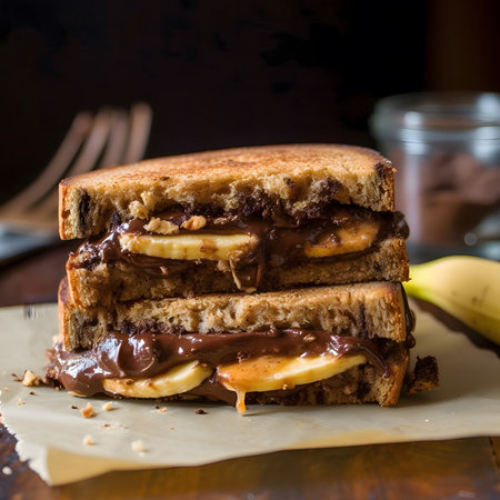 A close-up of a delicious grilled cheese sandwich with chocolate and banana filling. The sandwich is toasted to perfection and the chocolate is gooey and melty. The banana is sweet and adds a nice contrast to the rich chocolate.の写真素材