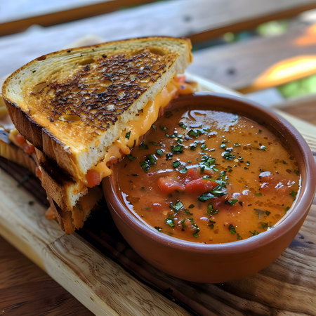 A delicious grilled cheese sandwich alongside a bowl of tomato soup, perfect for a comforting meal.の写真素材