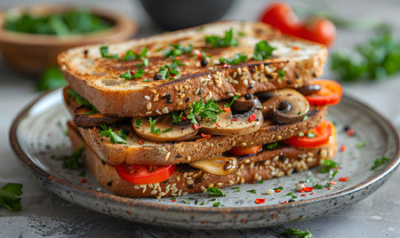 A close-up of a mouthwatering sandwich filled with grilled mushrooms and tomatoes. The sandwich is toasted to perfection, and the mushrooms and tomatoes are bursting with flavor. The image is a perfect representation of a simple yet delicious meal.の写真素材