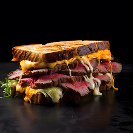 A close up of a delicious steak sandwich with melted cheese, grilled bread and lettuceの写真素材