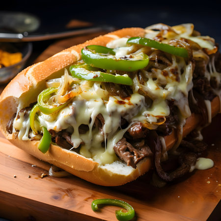 A close-up of a Philly cheesesteak sandwich piled high with melted cheese, sauteed onions and peppers, and juicy steakの写真素材