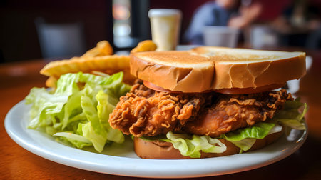 A crispy fried chicken sandwich served on a plate with lettuce and fries. It is a tasty and satisfying meal, perfect for a quick lunch or dinner.の写真素材