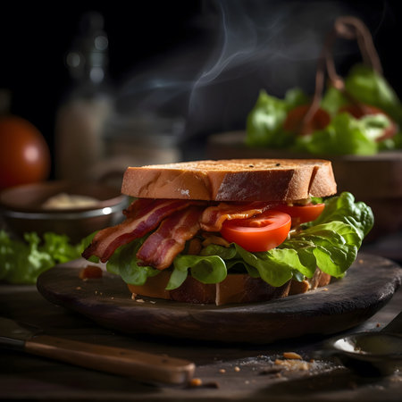 A close-up shot of a classic BLT sandwich on a wooden plate. The sandwich is filled with crispy...