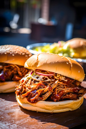 Close-up of a juicy pulled pork sandwich with coleslaw and barbecue sauce on a bun.
