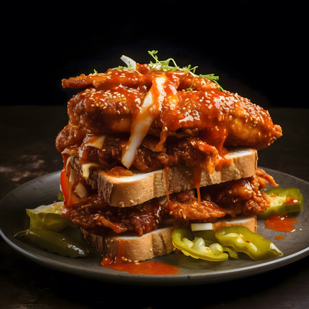 A delicious Korean Fried Chicken sandwich with a spicy sauce, garnished with green peppers and onions.の写真素材