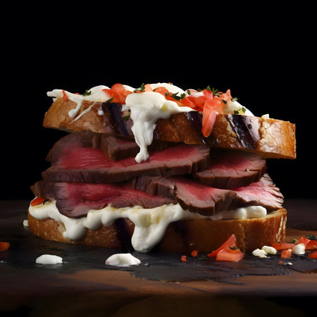 A close-up shot of a gourmet steak sandwich with creamy sauce. The sandwich is layered with grilled steak, bread, and a creamy sauce, and is garnished with tomato slices.の写真素材