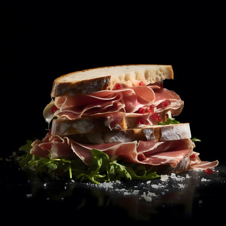 A close-up image of a delicious prosciutto sandwich with arugula and red sauce, capturing the vibrant colors and textures of this gourmet meal.の写真素材