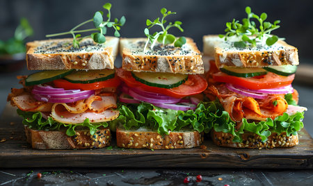 Three delicious turkey sandwiches with fresh vegetables and sprouts on a wooden boardの写真素材