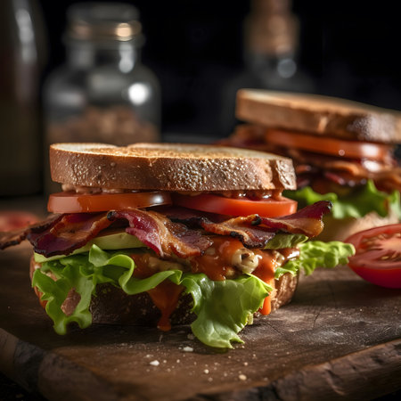 A close-up shot of a BLT sandwich with crispy bacon, fresh tomatoes, and lettuce on a wooden table....