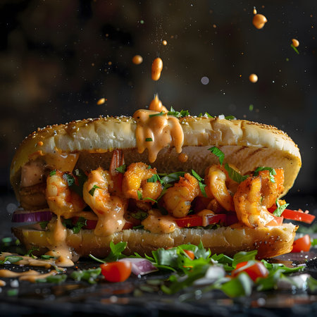 A mouthwatering shrimp sandwich with sauce, a perfect meal for a quick bite or a delicious dinner.の写真素材