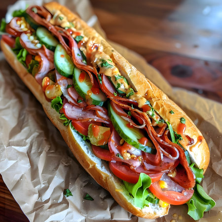 A close-up shot of a delicious sub sandwich filled with various meats, vegetables, and sauces.