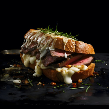 A mouthwatering grilled steak sandwich with creamy sauce and fresh herbs.の写真素材