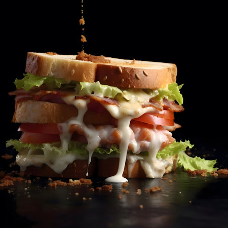 Close-up of a delicious sandwich with layers of meat, tomatoes, lettuce, and cheese, drizzled with a...