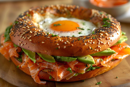 A close-up of a toasted bagel with smoked salmon, avocado, and an egg.の写真素材