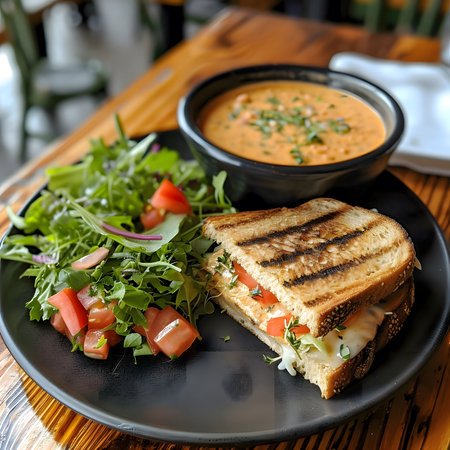 A grilled cheese sandwich on a black plate with a side salad and a bowl of soup. The sandwich is cut in half and is filled with cheese, tomato, and herbs. The salad is a mix of greens, tomatoes, and herbs.の写真素材
