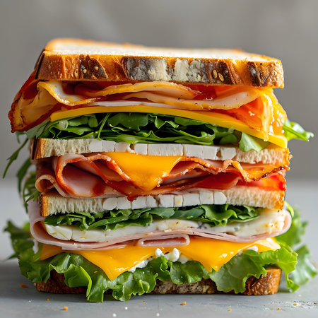 A close-up of a multi-layered sandwich with ham, turkey, and cheese. This mouthwatering sandwich is perfect for lunch or dinner!の写真素材
