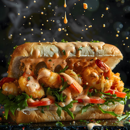 A closeup of a shrimp po'boy sandwich with a drizzle of sauce, fresh lettuce, tomato, and onion. The sandwich is set against a dark background with splashes of sauce.の写真素材