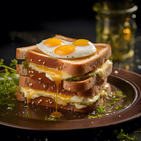 A mouthwatering egg sandwich with three fried eggs on top of toasted bread, layered with cheese and...