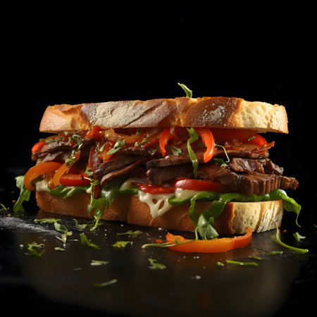 A close-up of a delicious steak sandwich with fresh toppings like lettuce, tomato, onions, and peppers. The sandwich is layered with juicy steak and melted cheese, making it a satisfying and flavorful meal.の写真素材