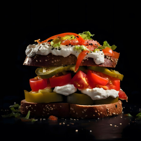 A close-up of a layered sandwich with tomatoes, cucumber, and a creamy dressingの写真素材