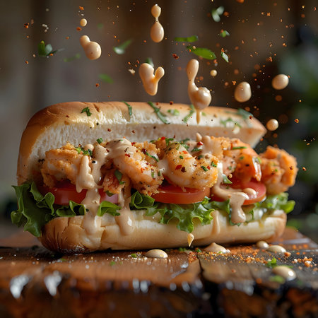 A close-up of a shrimp po'boy sandwich, drizzled with a creamy sauce and fresh lettuce and tomatoes....