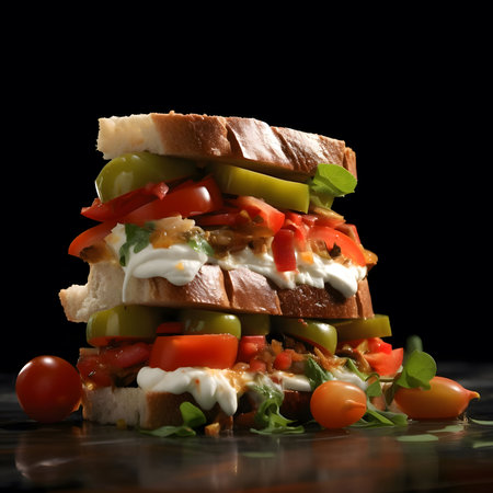 A close-up of a mouthwatering sandwich with layers of fresh tomatoes, green peppers, and creamy cheese, all nestled between slices of golden brown bread.の写真素材