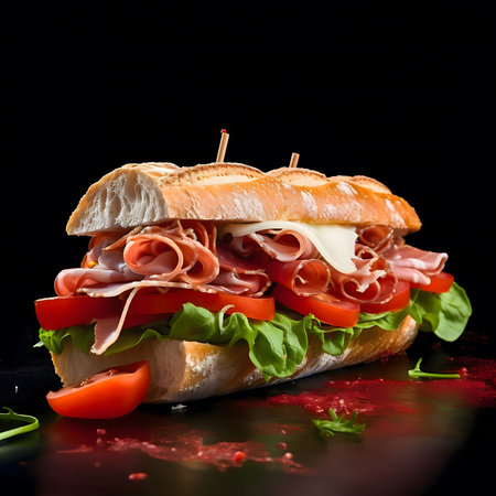 A close-up of a delicious Italian sub sandwich with prosciutto, salami, cheese, tomatoes, and lettuce on a toasted baguette.の写真素材