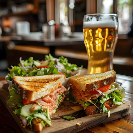 A close up shot of two delicious sandwiches with fresh ingredients, served on a wooden board with a glass of beer in the background.の写真素材