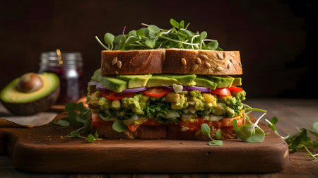 A delicious and healthy sandwich featuring fresh avocado, sprouts, and other vegetables.の写真素材