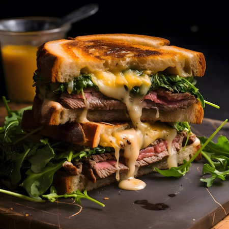 Close-up of a delicious grilled cheese sandwich filled with steak and melted cheese.の写真素材