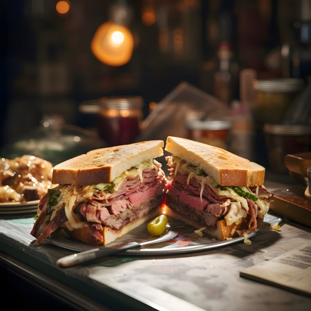 A close-up of a delicious sandwich, filled with meat and cheese. The sandwich is cut in half and sitting on a plate. It looks like a perfect meal for lunch or dinner.の写真素材