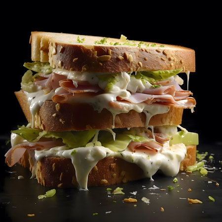 A mouthwatering closeup of a triple-decker ham and cheese sandwich with a creamy dressing. The bread is toasted and the sandwich is overflowing with fresh ingredients, making it an irresistible treat.の写真素材