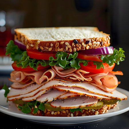 A close-up shot of a delicious turkey sandwich piled high with fresh ingredients, showing the layers of turkey, tomato, lettuce, and onion on a toasted bread.の写真素材