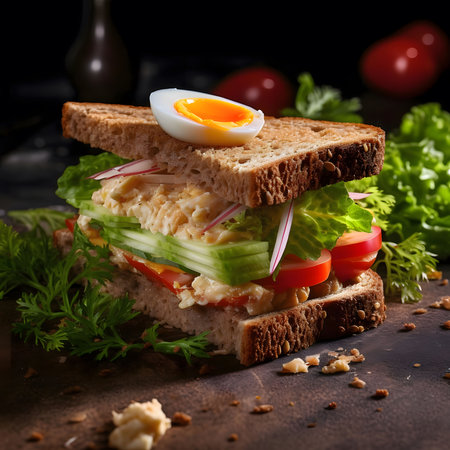 A close-up shot of a sandwich with egg, lettuce, tomato, cucumber, and bread. It looks very delicious and tempting. The sandwich is placed on a wooden surface with some greens around it.の写真素材