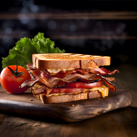 A close up of a delicious looking bacon and tomato sandwich with melted cheese and crisp lettuce on...