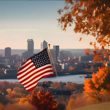 A vibrant American flag proudly waves over a modern cityscape, showing the city's skyline with...