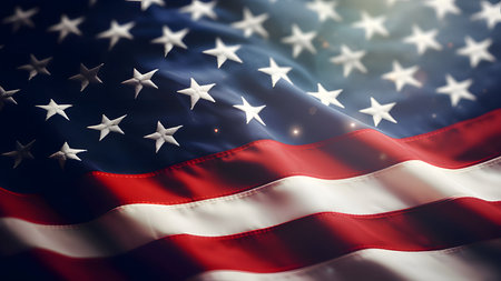 A close-up of the American flag waving in the sunlight. The red, white, and blue colors are vibrant...