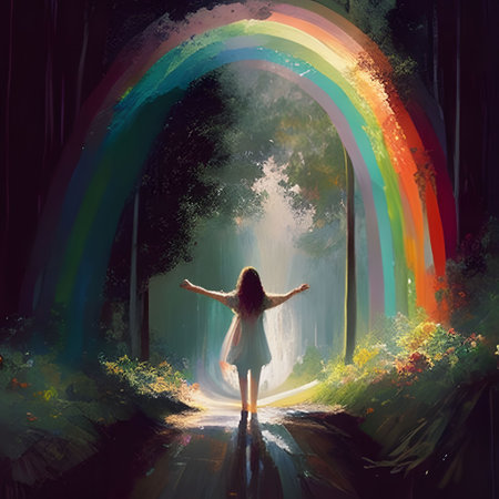 A young girl stands in a forest, bathed in the light of a rainbow, radiating hope and joy.の写真素材