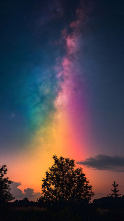 A mesmerizing view of the Milky Way with vibrant rainbow hues filling the night sky. Silhouetted...