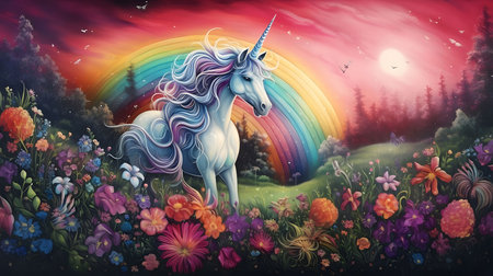 A magical unicorn stands in a beautiful meadow filled with vibrant flowers, a rainbow arches over its head, with a warm sunset and a sparkling sky in the background.の写真素材
